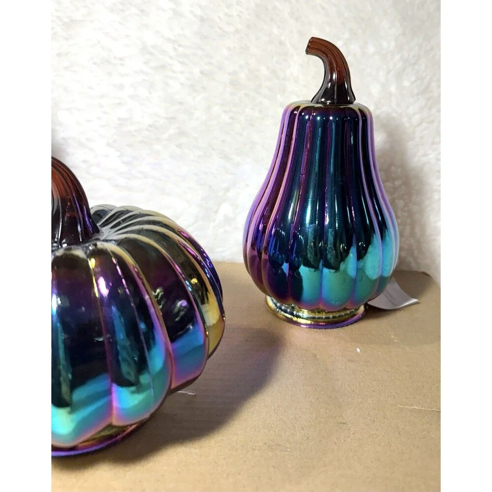 Set of 3 Dark Iridescent Glass Pumpkins Target Halloween - NEW